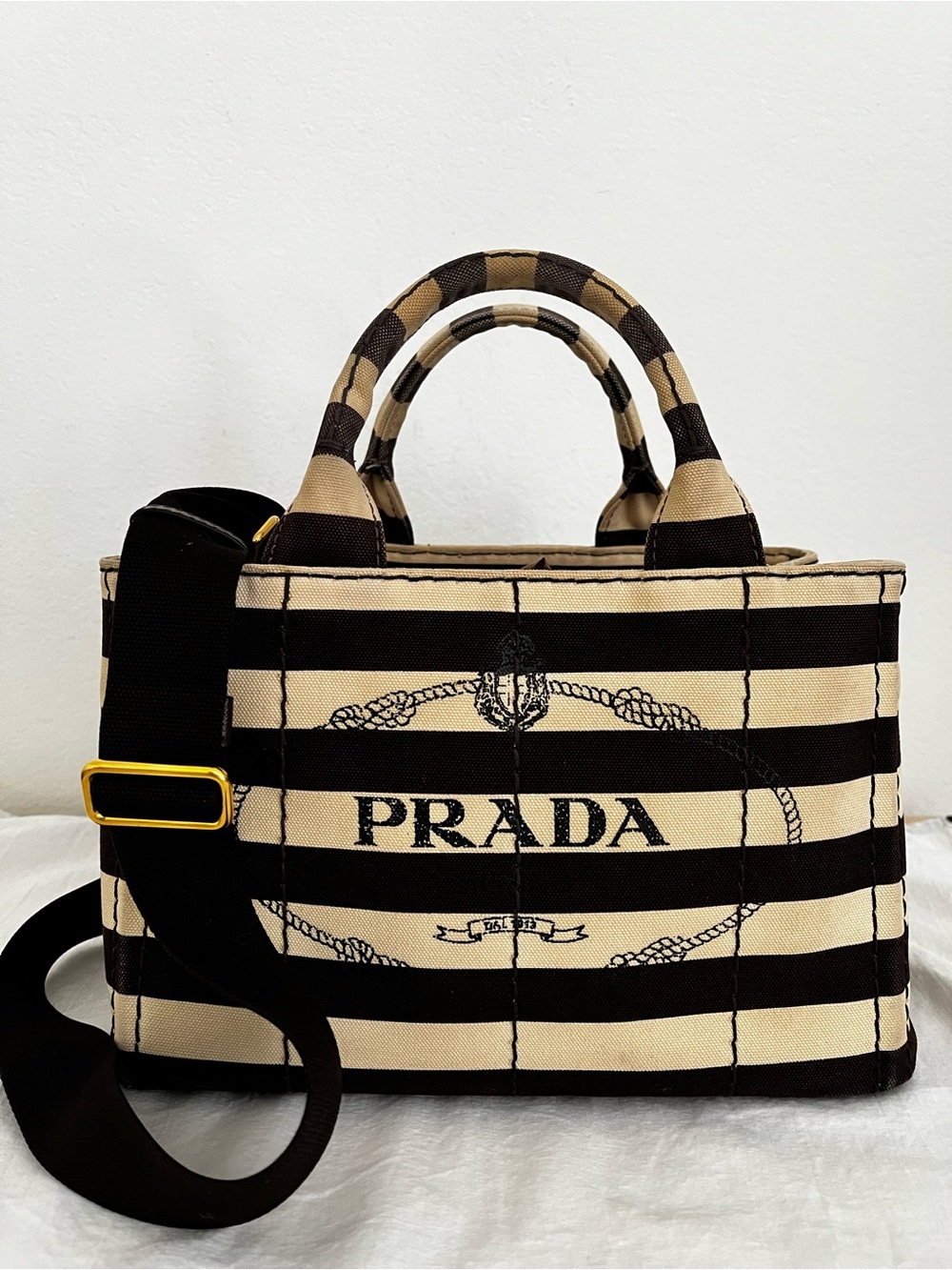 Prada Canapa Piccola Espresso Brown Ivory Striped Canvas Tote Crossbody Strap
